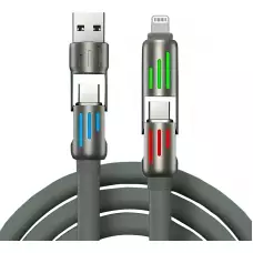 USB 4-in-1 Schnelllade-Kabel 30W | USB-C zu USB anti-verwickelndes Silikon RGB-LED Multi-Geräte-Kompatibilität und langlebig (2 m) - Grau